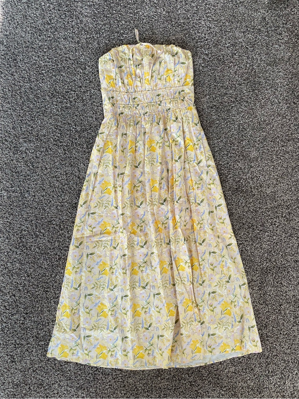Strapless Yellow Floral Midi Dress with Smocked Waist